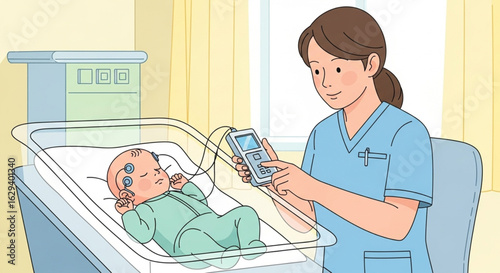 A medical professional conducts hearing screening on a newborn baby in a hospital setting.