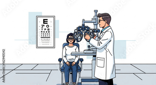 A doctor is examining a patient's eyes using an eye testing machine, with an eye chart in the background.