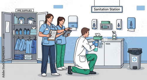 Medical staff in a sanitation station, cleaning and organizing supplies.