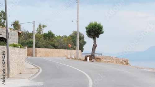 Wallpaper Mural Winding coastal road on Aegina Island, Greece. Stone wall and building on the left, tree on rocky edge by the sea on the right. Mountains and water in the background. Electric wires above. No people. Torontodigital.ca