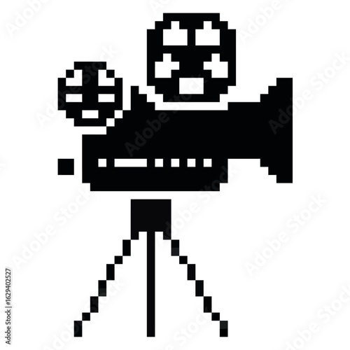 Pixel movie camera vector for film production, video, and digital media in a retro pixelated style. Perfect for illustrating creative content, filmmaking, and cinema.