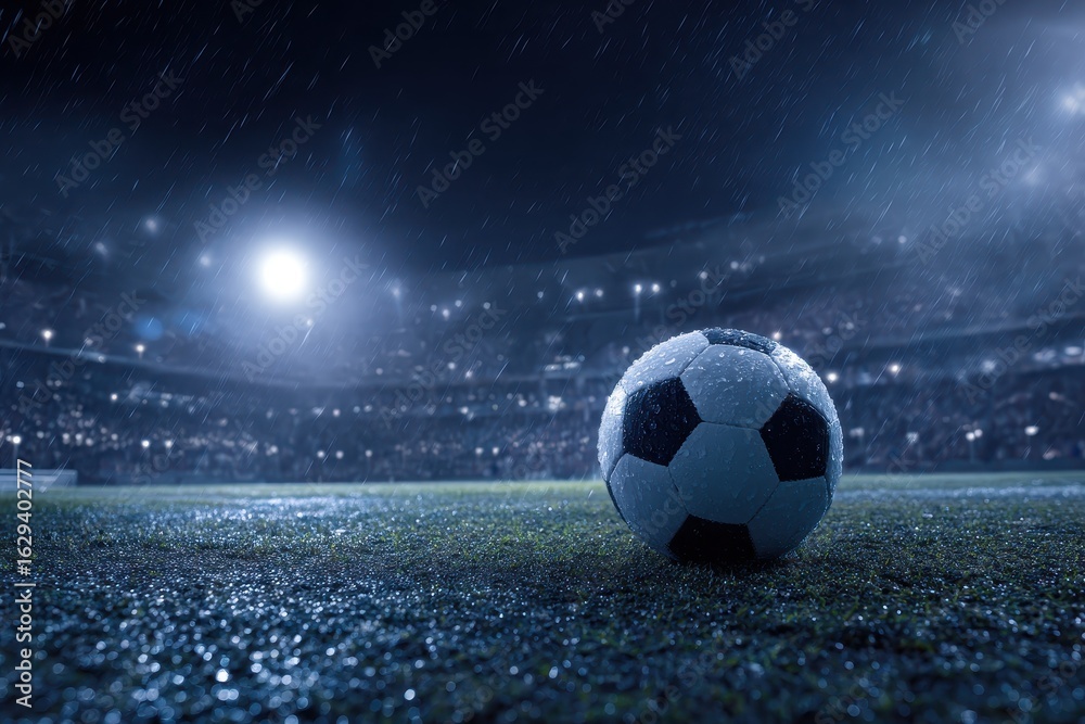 Naklejka premium Dramatic soccer ball resting on a wet stadium field illuminated by bright floodlights during a night rainstorm