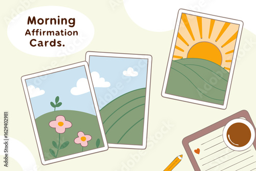 Set of three illustrated cards featuring serene natural landscapes and a desk with coffee and journal promoting morning affirmations and positive self talk