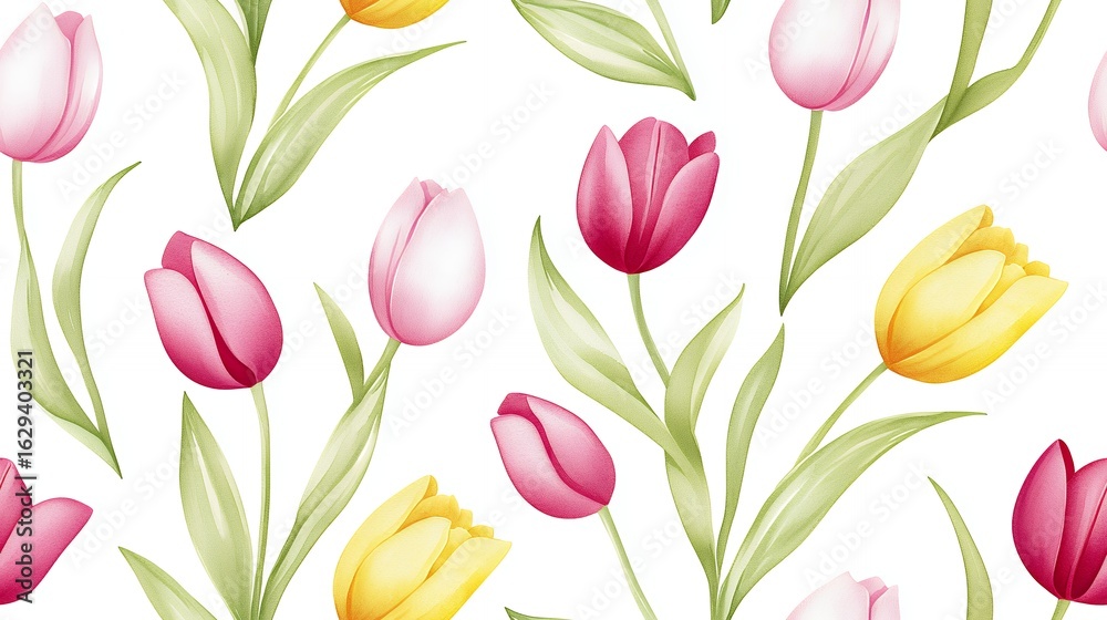Obraz premium Watercolor Seamless Pattern of Pink Yellow White Tulips on White Background