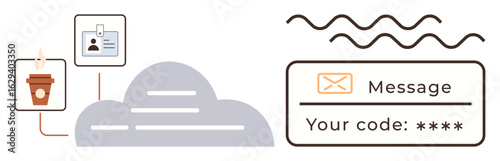 Coffee cup, ID card, cloud, secure code in message highlight authentication steps. Ideal for data security, cloud login, identity verification, access control, online privacy cybersecurity simple