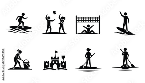 Beach Activities Pictogram Set, Water Sport and Sand, Summer Vacation Vector Illustration