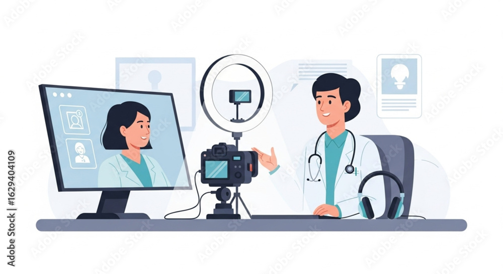 A doctor conducts a virtual consultation via video call, using a camera setup. A doctor conducts a virtual consultation via video call, using a camera setup.