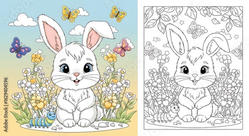 Cute cartoon white bunny surrounded by flowers and butterflies, ideal for spring and easter theme