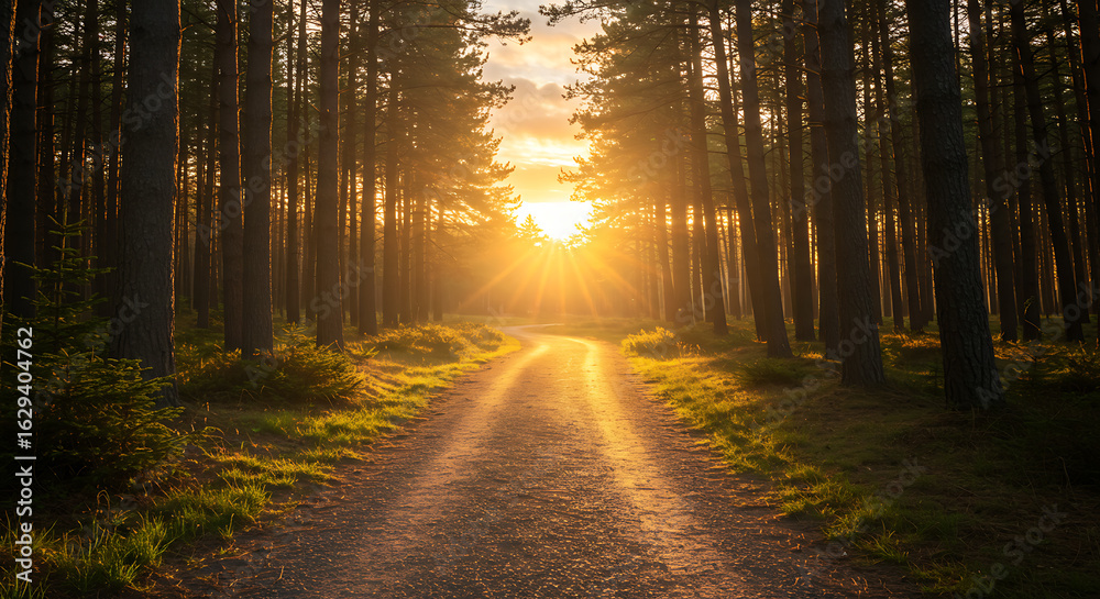 Fototapeta premium A sunlit path leads through a dense forest, with the sun shining brightly at the end of the trail, casting long shadows.
