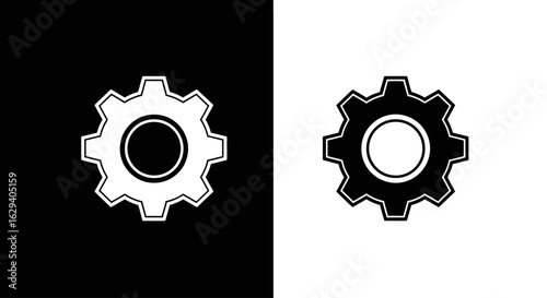 Two contrasting gear icons, one black and one white, on separate backgrounds.