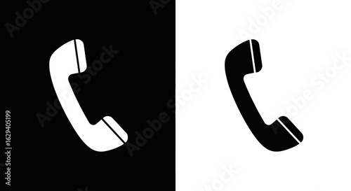 Two contrasting telephone handset icons, one white on black, the other black on white.