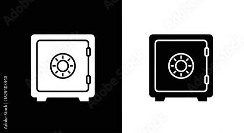 Simple safe icon, black and white versions, security, protection, storage.