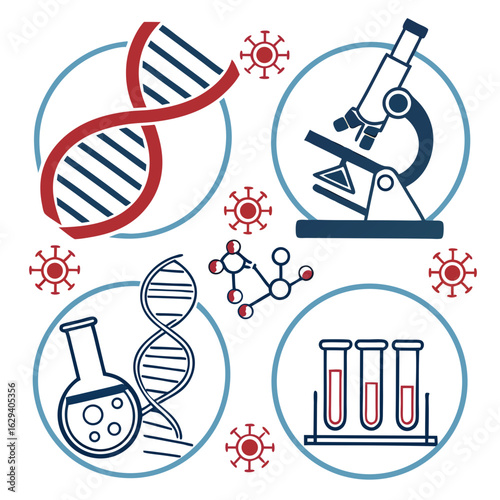 Science and research elements with dna, microscope, molecule, tube, virus