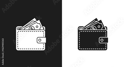Illustration of a wallet with cash in two color variations: black on white and white on black.