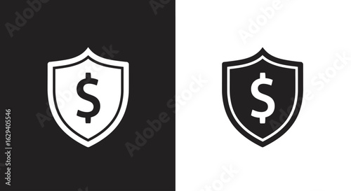 Two shield icons, each containing a dollar sign, displayed against contrasting black and white backgrounds.