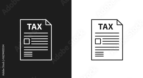 Tax form document icon, minimalist design, black and white versions.