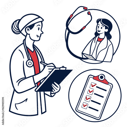 Doctor writing on clipboard with stethoscope isolated on white background