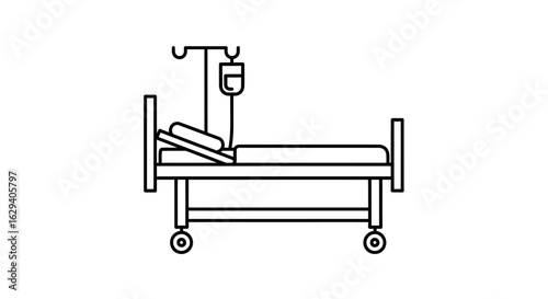 A line drawing of a hospital bed with an IV drip stand and bag.