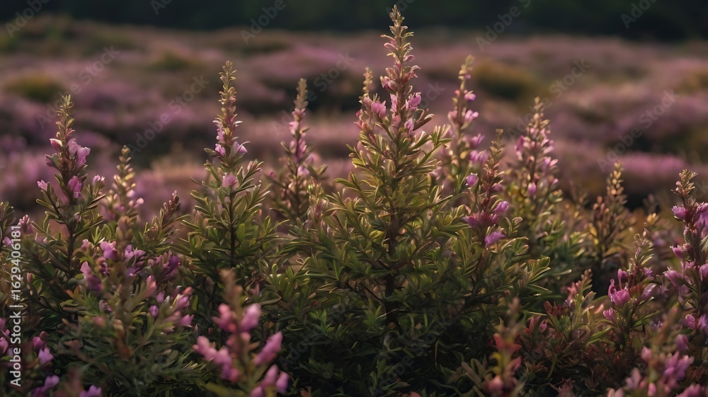 Obraz premium A close up view of a field of lavender plants with green leaves and pink flowers in the sunlight