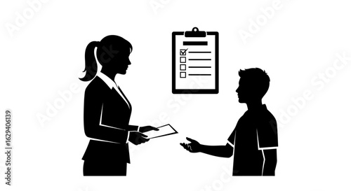 Businesswoman and young man exchanging documents in a professional setting.