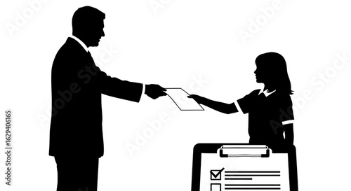 Silhouette of a man handing a document to a woman with a clipboard.