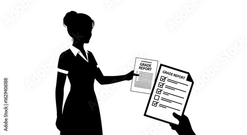 Silhouette of a woman presenting a grade report to another person.