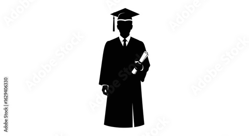Silhouette of a graduate in academic regalia, holding a diploma, signifying academic achievement.