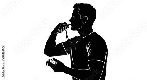 Silhouette of a man blowing a whistle while holding a stopwatch in his hand.