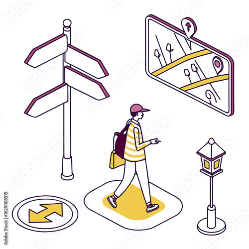 Isometric illustration of a man using navigation app isolated on white background