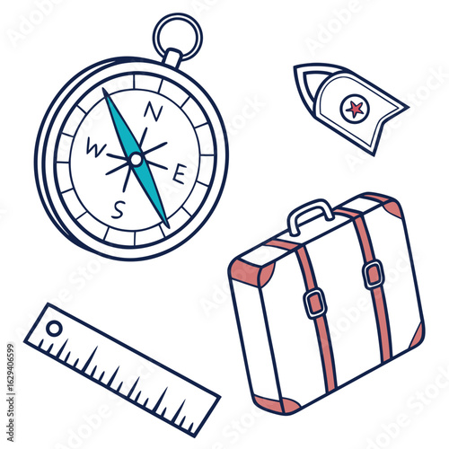 Compass, suitcase, ruler and shoulder strap isolated on white background