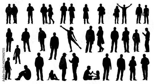 Collection of diverse human silhouettes in various poses and groupings, illustrating different postures and interactions.