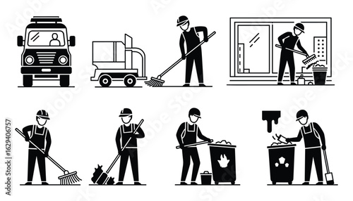 Cleaning Service Pictograms Set with Vehicle and Workers Silhouette Vector Illustration