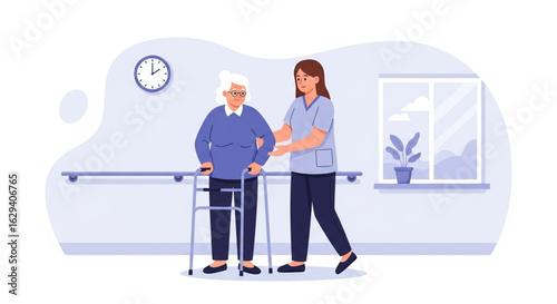 Nurse assisting elderly woman with walker in rehabilitation center.