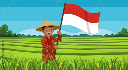 Indonesian Farmer Holding Flag in Rice Field Vector Illustration