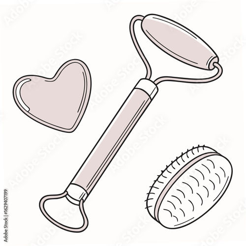 Facial massage set with jade roller, heart shape stone and brush isolated on white background