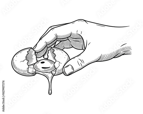 Cracked Egg Held By Hand, Cooking Ingredient, Culinary Art, Sketch Style, Black And White Vector Illustration