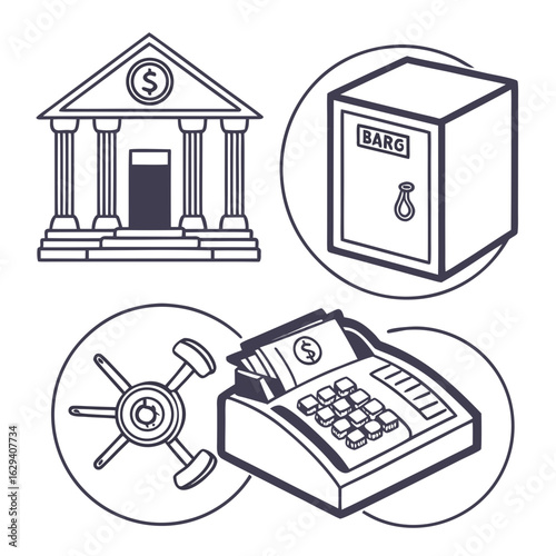 Bank building, safe, and cashier machine isolated on white background