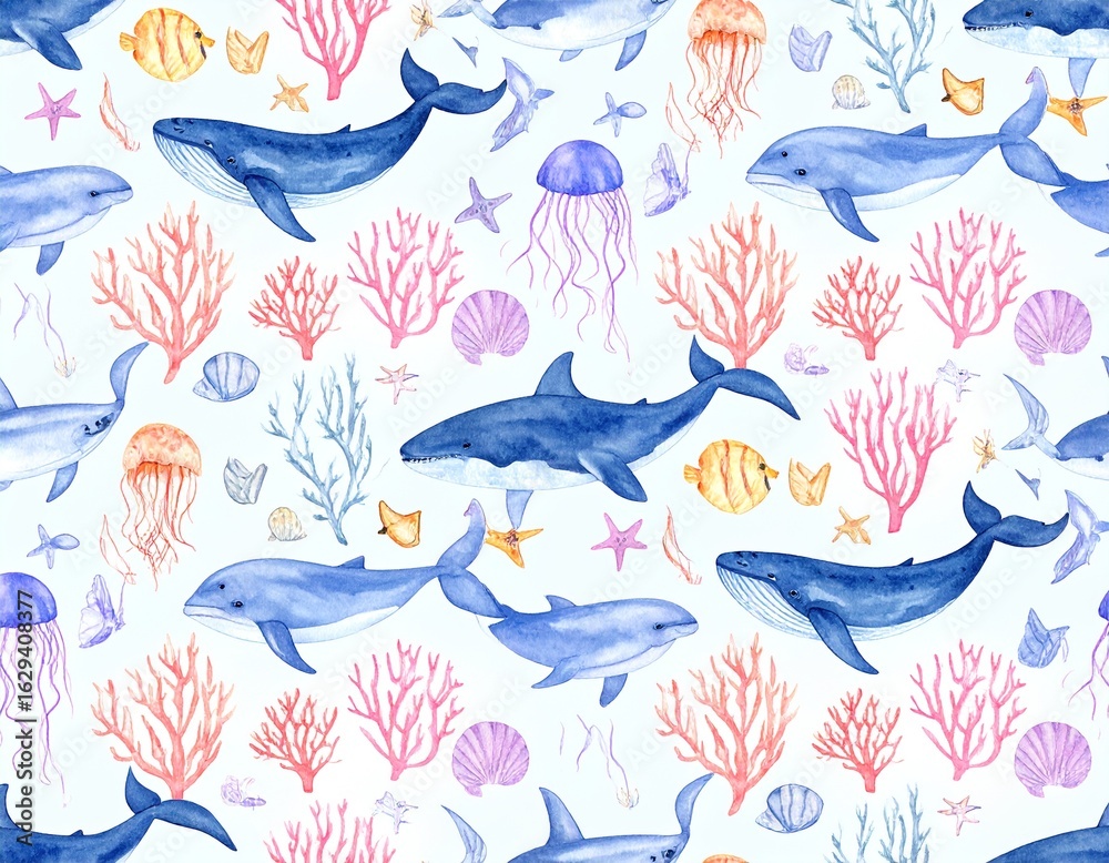 Obraz premium Watercolor seamless pattern with underwater world Bright fish, whale, shark dolphin starfish animals. Jellyfish seashells. Sea and ocean fish life background