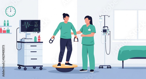 Physical therapist assisting patient with balance exercises on a wobble board in a hospital room.