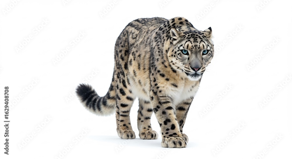 Obraz premium 優雅な雪豹 白い背景 静かに歩く姿 神秘的. AI Generated