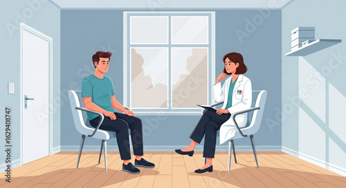 A man sits in a chair talking to a female doctor in a white coat, in a light blue room.