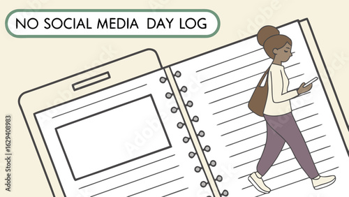 A young woman walks while looking at her phone symbolizing a day without social media with an open notebook and a tablet in the background