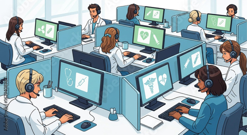 Medical call center workers seated at computers, wearing headsets, in a modern office setting.