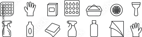 Cleaning and hygiene icons set, sanitation and disinfectant collection, household and personal care group in flat and line style, soap, spray, wash, bacteria, health, virus, clean vector template