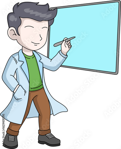 cartoon scientist character in a lab coat, standing in front of an empty whiteboard, holding a marker pen, ready to explain concepts or write formulas