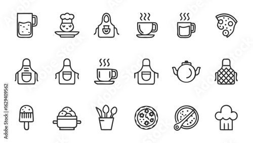 Illustration of kitchen and cooking related icons including aprons pizza tea and other food items shown