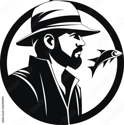 Vintage Angler Silhouette: Classic Fisherman Profile with Fish Emblem. Perfect for Fishing Clubs, Outdoor Hobbies, and Leisure Brands.