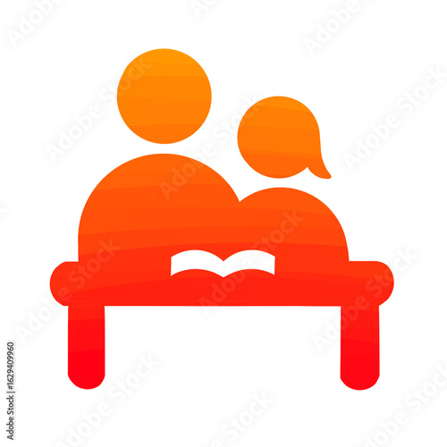 Colorful gradient icon of adult and child reading at table with open book in modern flat vector style