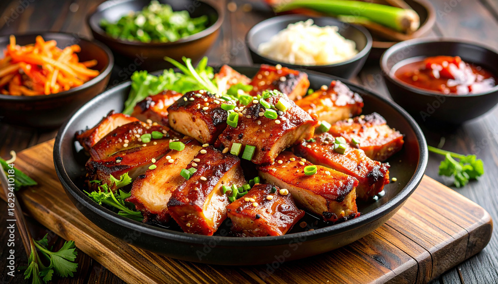 Fototapeta premium Korean Spicy Pork Bulgogi (Jeyuk Bokkeum) Korean Food Style with thin slice of pork.