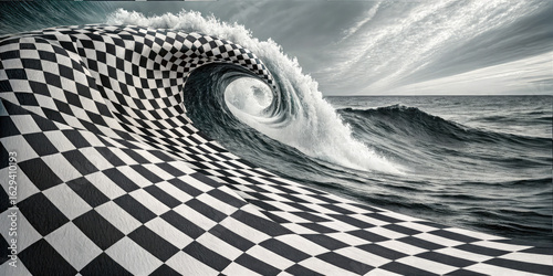 Dynamic wave crests with a striking black and white checkerboard pattern creating a surreal, artistic ocean scene.